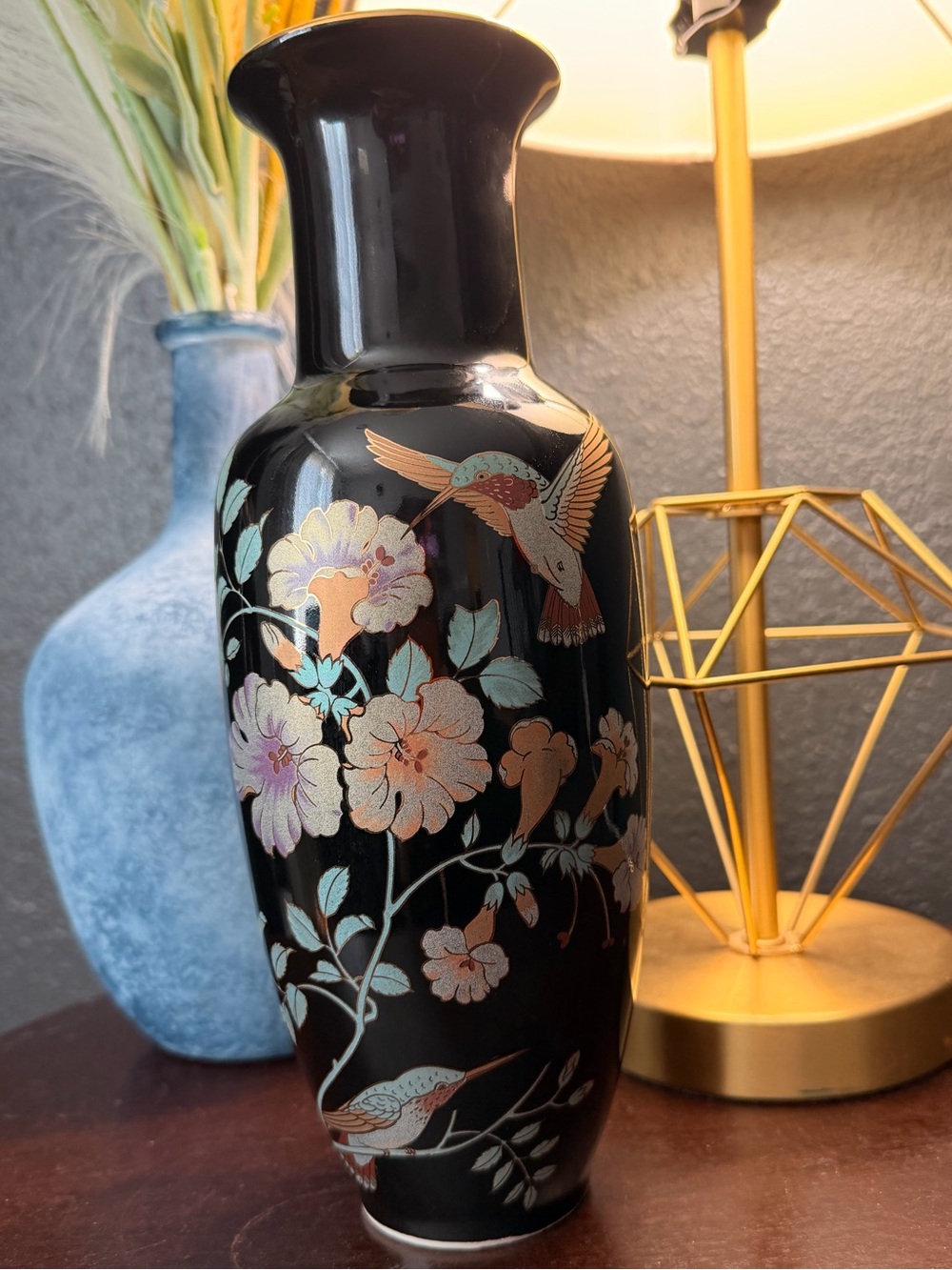Japanese Black Floral Hummingbird Vase - Elegant Home Accent